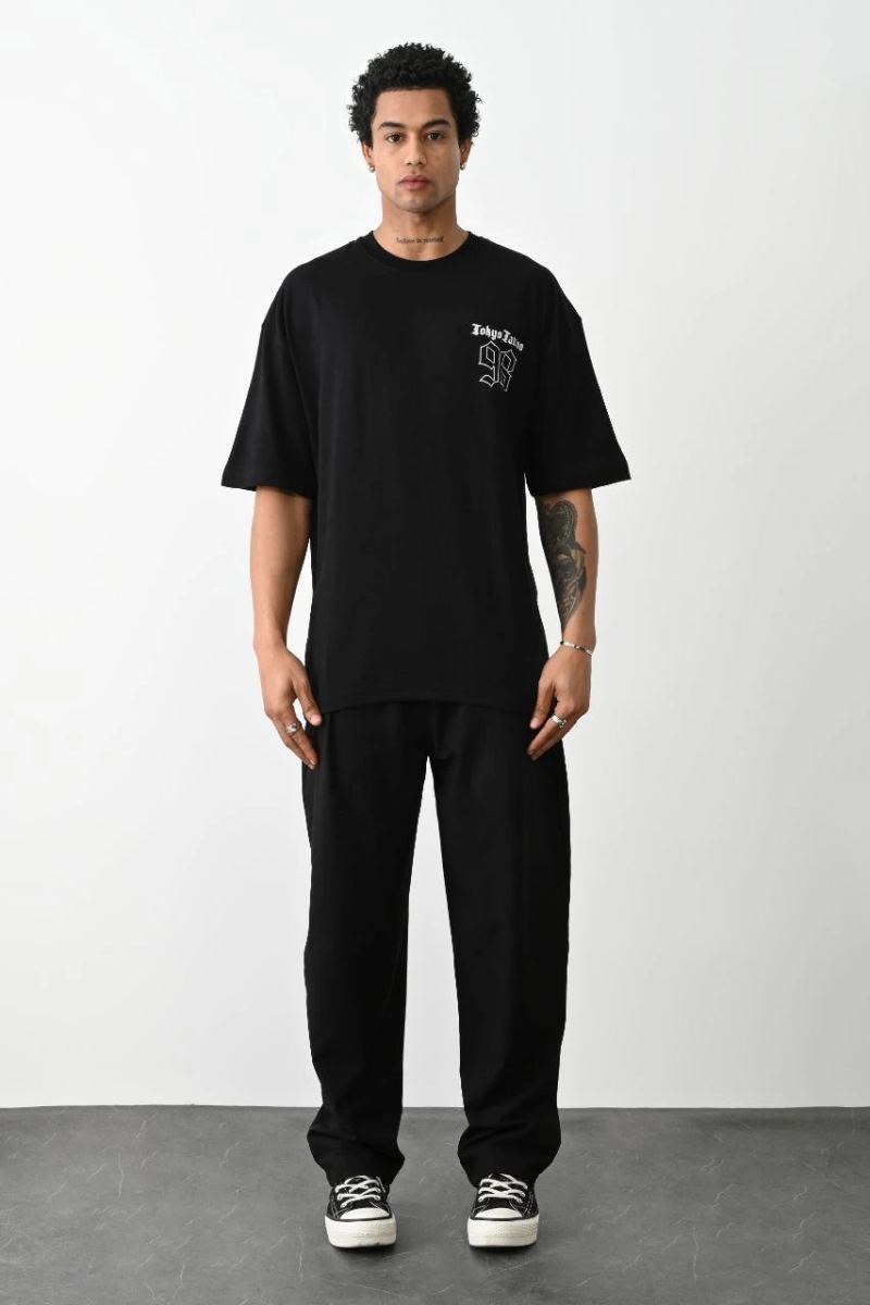 Erkek Kısa Kol Yazlık Tişört Bisiklet Yaka Baskılı Oversize T-Shirt - Siyah