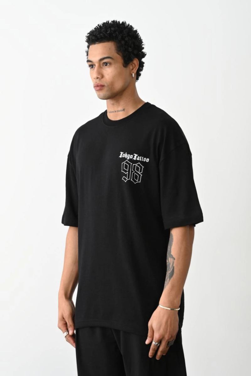 Erkek Kısa Kol Yazlık Tişört Bisiklet Yaka Baskılı Oversize T-Shirt - Siyah