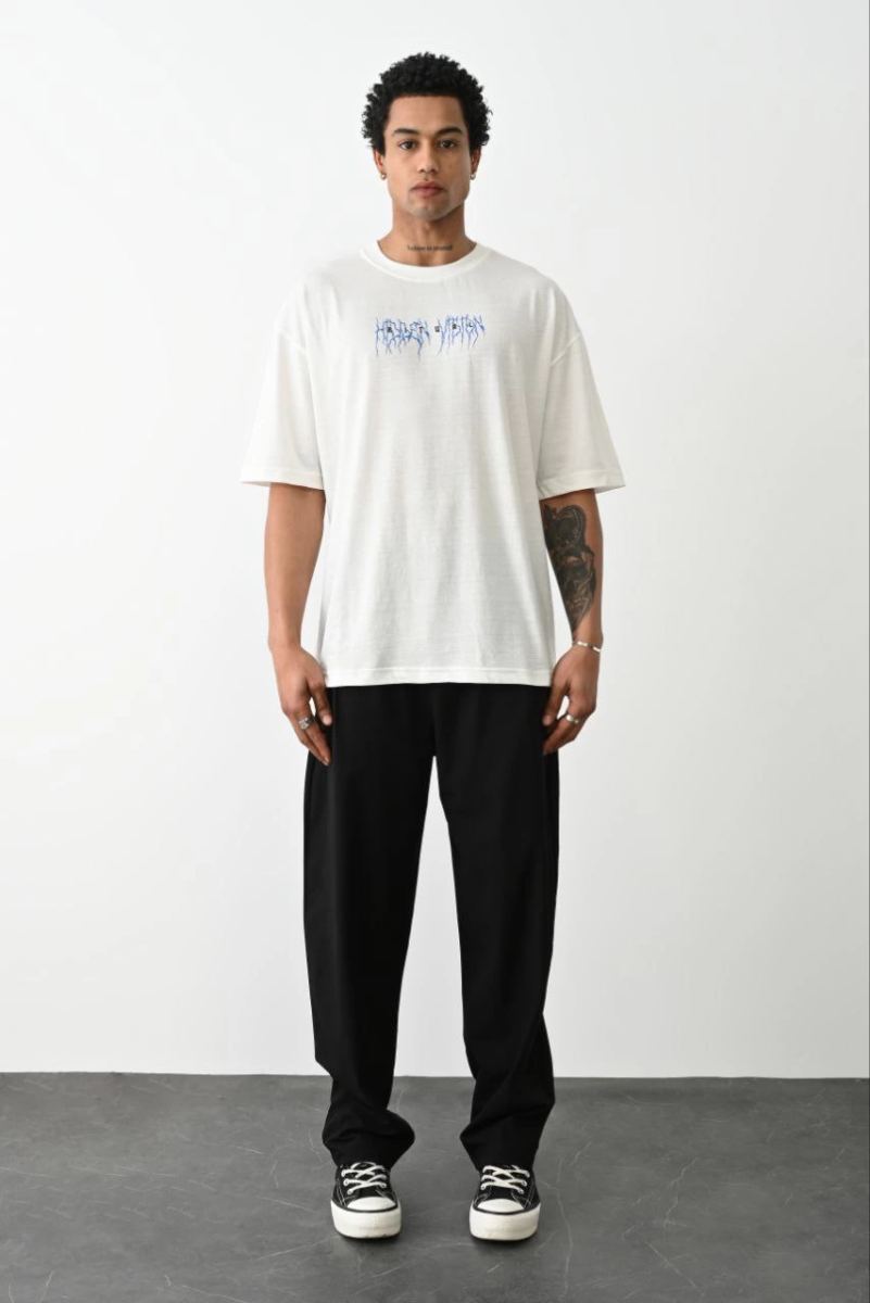 Erkek Kısa Kol Yazlık Tişört Bisiklet Yaka Baskılı Oversize T-Shirt -  Beyaz