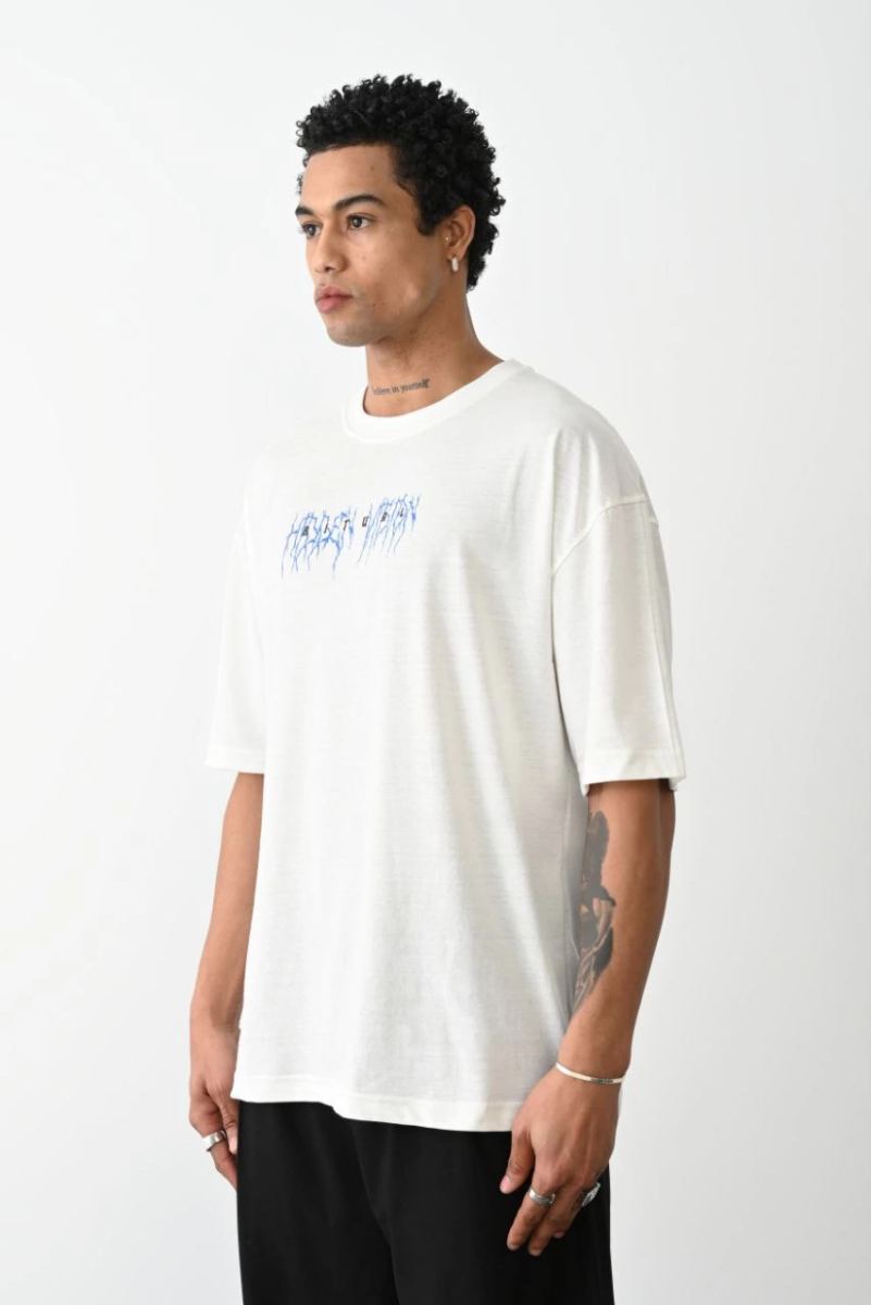 Erkek Kısa Kol Yazlık Tişört Bisiklet Yaka Baskılı Oversize T-Shirt -  Beyaz