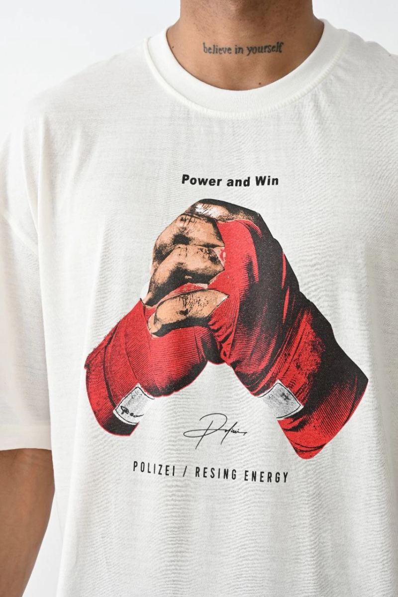 Erkek Box Eldiven Baskılı T-Shirt Kısa Kol Bisiklet Yaka Tişört - Beyaz
