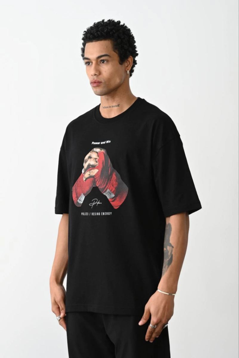 Erkek Boxy Eldiven Baskılı T-Shirt Kısa Kol Bisiklet Yaka Tişört - Siyah
