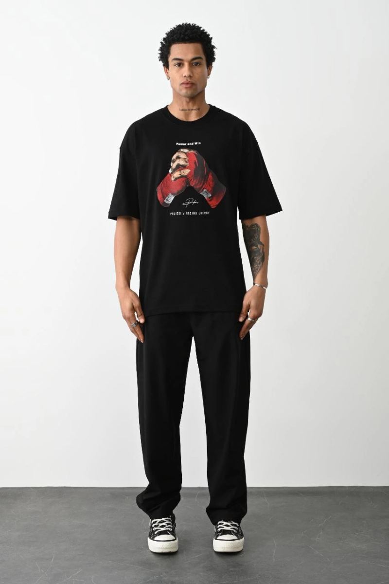 Erkek Boxy Eldiven Baskılı T-Shirt Kısa Kol Bisiklet Yaka Tişört - Siyah