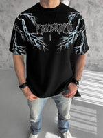 Erkek Bisiklet Yaka Tişört Yıldırım Şimşek Baskılı Kısa Kol T-Shirt -Siyah
