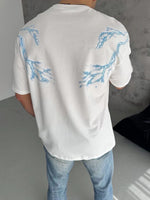 Erkek Bisiklet Yaka Tişört Yıldırım Şimşek Baskılı Kısa Kol T-Shirt - Beyaz