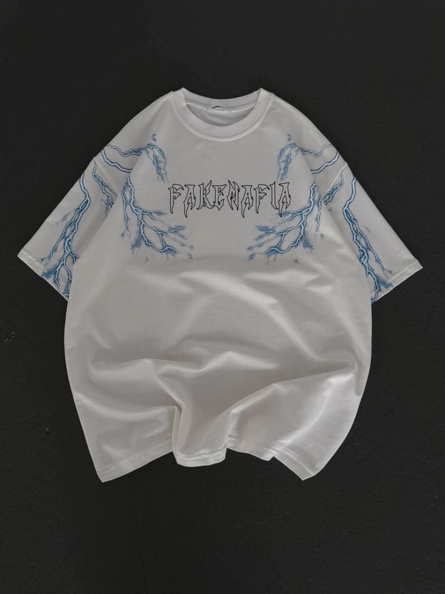 Erkek Bisiklet Yaka Tişört Yıldırım Şimşek Baskılı Kısa Kol T-Shirt - Beyaz