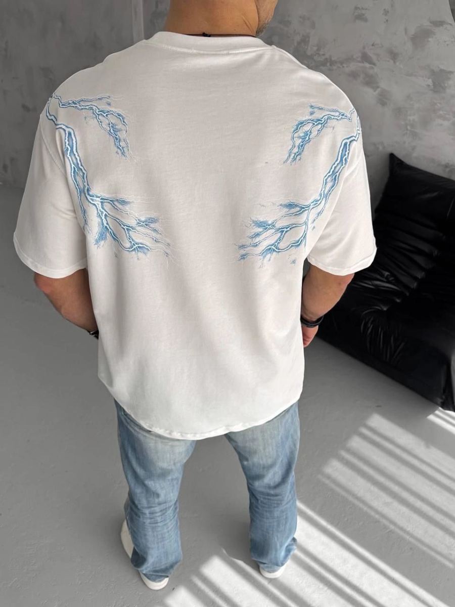 Erkek Bisiklet Yaka Tişört Yıldırım Şimşek Baskılı Kısa Kol T-Shirt - Beyaz