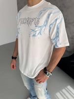 Erkek Bisiklet Yaka Tişört Yıldırım Şimşek Baskılı Kısa Kol T-Shirt - Beyaz