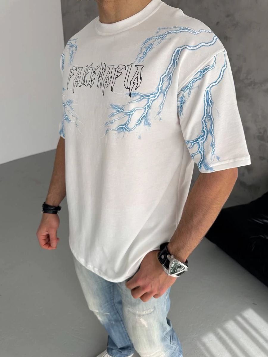 Erkek Bisiklet Yaka Tişört Yıldırım Şimşek Baskılı Kısa Kol T-Shirt - Beyaz