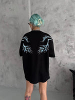 Kadın Bisiklet Yaka Baskılı  Kısa kol Oversize T-Shirt - Siyah