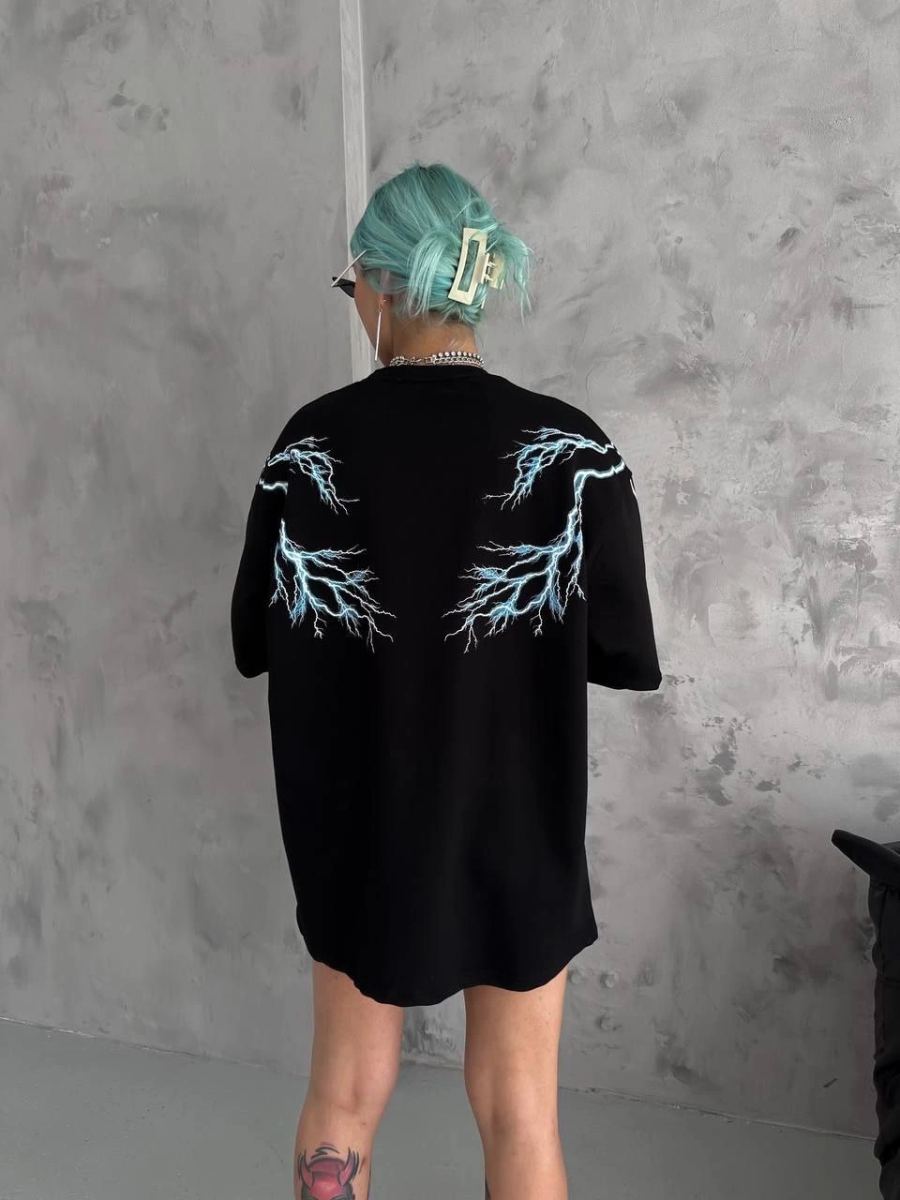 Kadın Bisiklet Yaka Baskılı  Kısa kol Oversize T-Shirt - Siyah