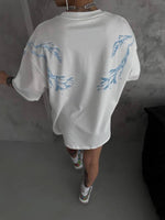 Kadın Tişort Bisiklet Yaka Yıldırım Şimşek Baskılı Kısa kol T-Shirt - Beyaz