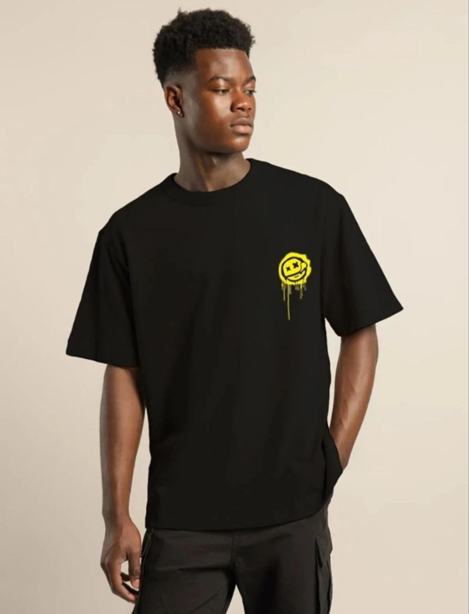 Erkek Kısa Kol Yazlık Tişört Bisiklet Yaka Baskılı Oversize T-Shirt - Siyah