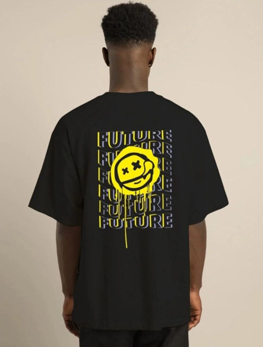 Erkek Kısa Kol Yazlık Tişört Bisiklet Yaka Baskılı Oversize T-Shirt - Siyah