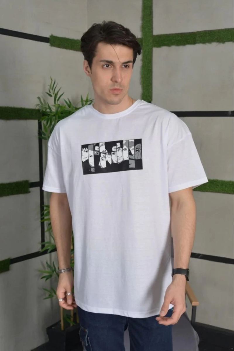 Erkek Kısa Kol Yazlık Tişört Bisiklet Yaka Baskılı Oversize T-Shirt - Beyaz