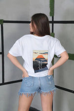 Kadın Bisiklet Yaka Baskılı Kısa kol Oversize T-Shirt- Beyaz