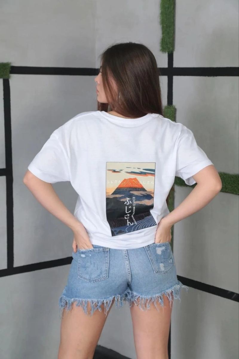 Kadın Bisiklet Yaka Baskılı Kısa kol Oversize T-Shirt- Beyaz