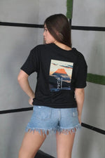 Kadın Bisiklet Yaka Baskılı Kısa kol Oversize T-Shirt - Siyah