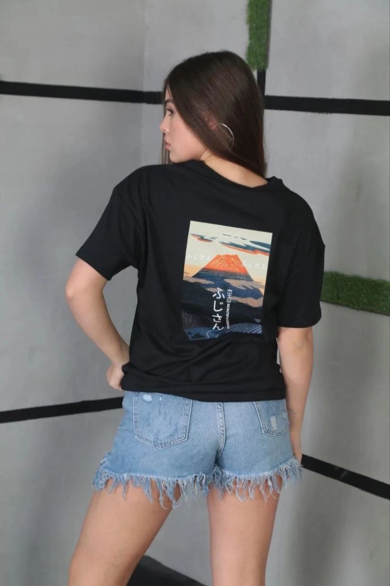 Kadın Bisiklet Yaka Baskılı Kısa kol Oversize T-Shirt - Siyah