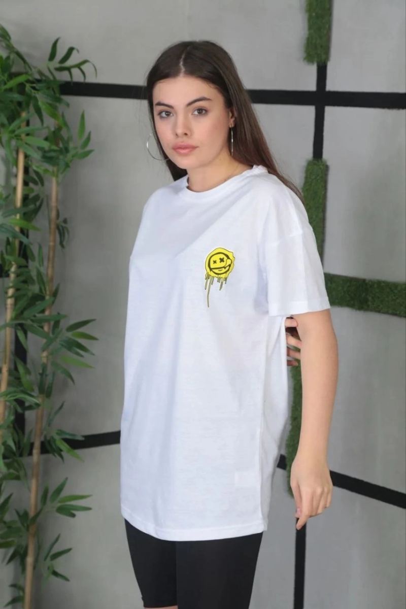 Kadın Bisiklet Yaka Baskılı Kısa kol Oversize T-Shirt - Beyaz