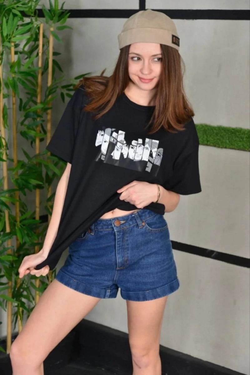 Kadın Bisiklet Yaka Baskılı  Kısa kol Oversize T-Shirt - Siyah