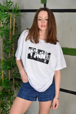 Kadın Bisiklet Yaka Baskılı  Kısa kol Oversize T-Shirt - Beyaz