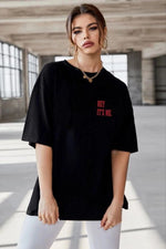 Kadın Baskılı T-Shirt Kısa Kol Bisiklet Yaka Oversize Rahat Kalıp Tişört - Siyah