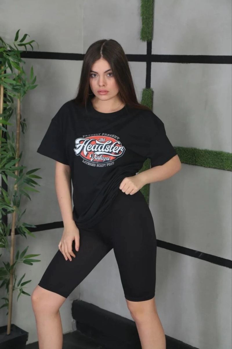 Kadın Kısa Kol Yazlık Tişört Bisiklet Yaka Baskılı Oversize T-Shirt - Siyah