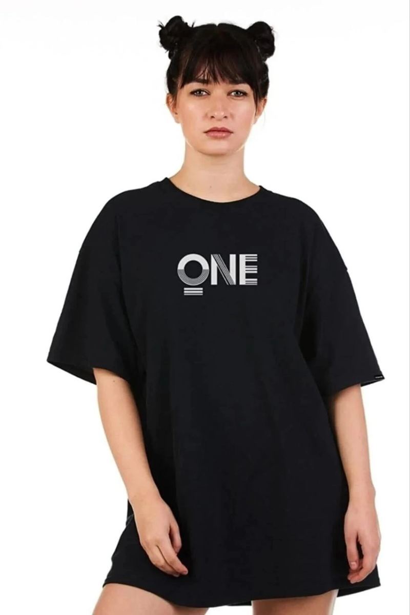 Kadın Baskılı T-Shirt Kısa Kol Bisiklet Yaka Oversize Rahat Kalıp Tişört - Siyah