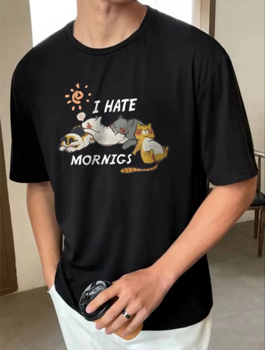 Erkek Baskılı T-Shirt Kısa Kol Bisiklet Yaka Regular Fit Rahat Kalıp Günlük Tişört - Siyah