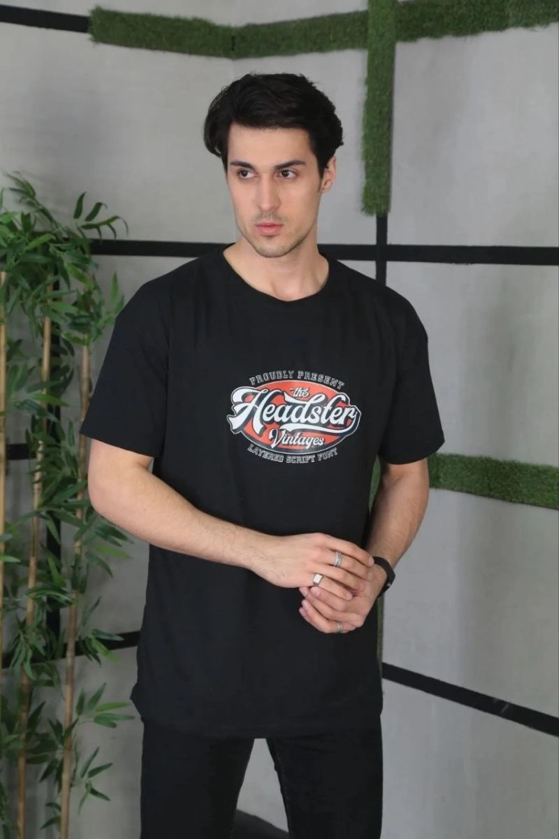 Erkek Baskılı T-Shirt Kısa Kol Bisiklet Yaka Regular Fit Rahat Kalıp Günlük Tişört - Siyah
