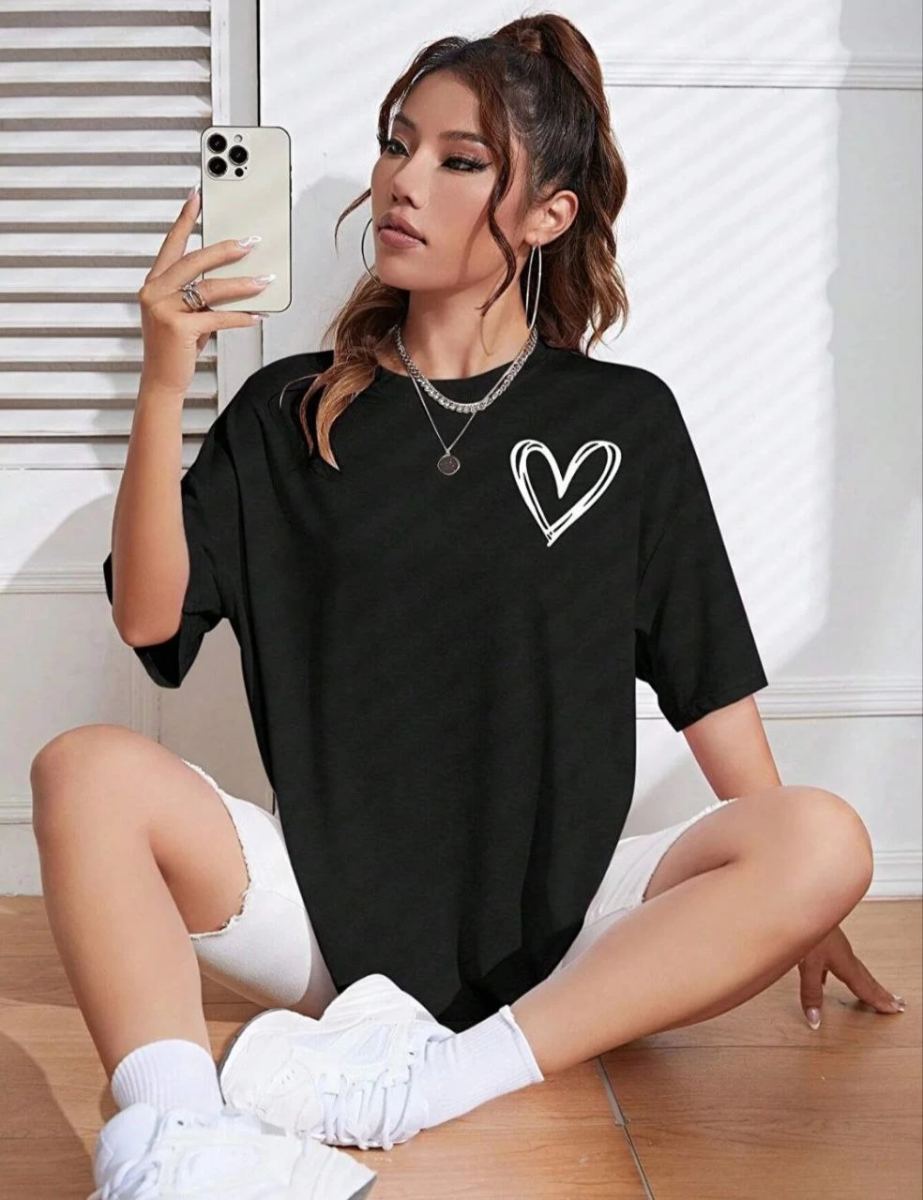 Kadın Tişört Bisiklet Yaka Baskılı Oversize T-Shirt - Siyah