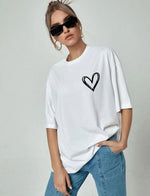 Kadın Tişört Bisiklet Yaka Baskılı Oversize T-Shirt - Beyaz