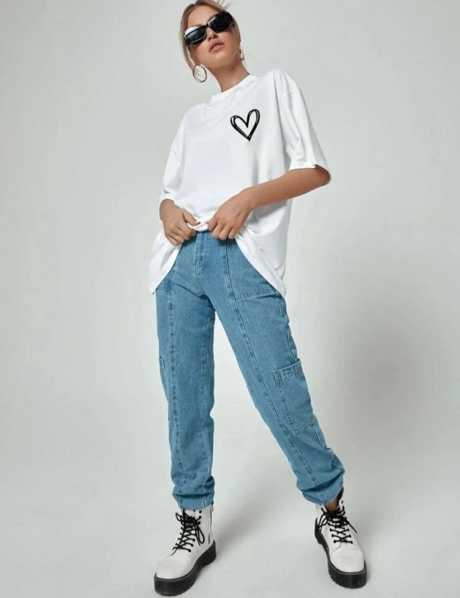Kadın Tişört Bisiklet Yaka Baskılı Oversize T-Shirt - Beyaz