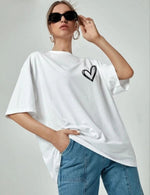 Kadın Tişört Bisiklet Yaka Baskılı Oversize T-Shirt - Beyaz