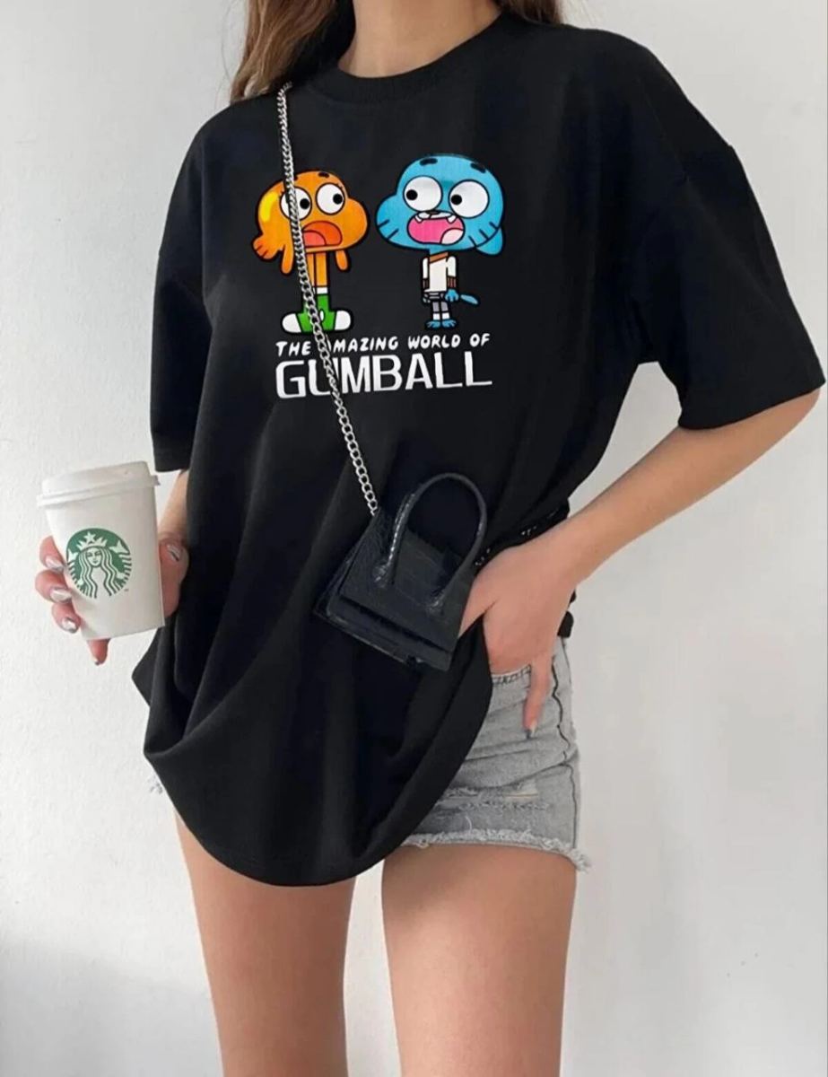 Kadın Kısa kol Tişört Bisiklet Yaka Baskılı Oversize T-Shirt - Siyah