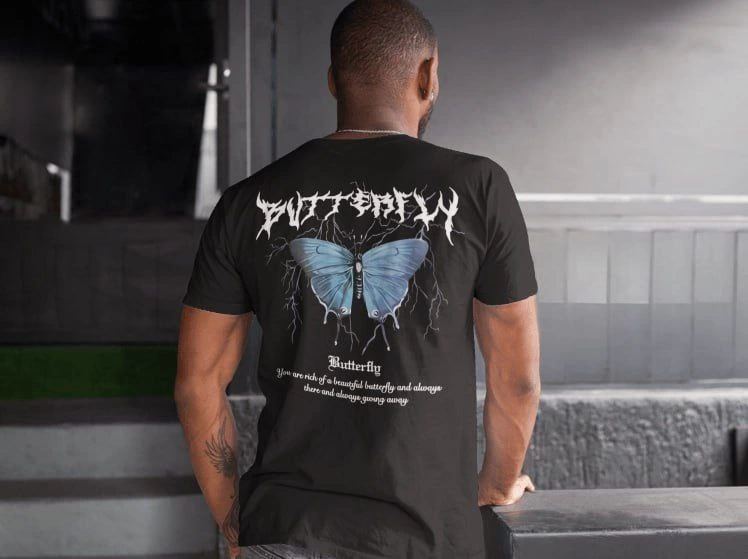 Erkek Tişort  Bisiklet Yaka Kelebek Baskılı Kısa kol T-Shirt - Siyah
