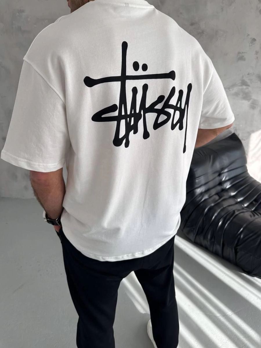 Erkek Tişört Bisiklet Yaka Baskılı Oversize Kısa kol T-Shirt - Beyaz