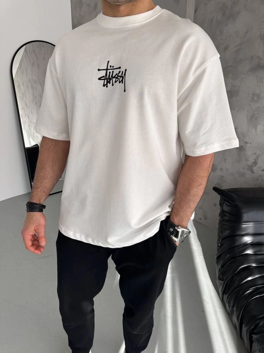 Erkek Tişört Bisiklet Yaka Baskılı Oversize Kısa kol T-Shirt - Beyaz