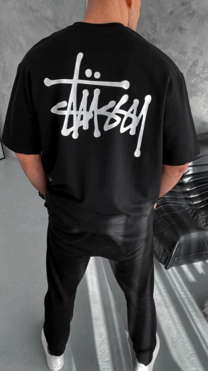 Erkek Kısa Kol Yazlık Tişört Bisiklet Yaka Baskılı Oversize T-Shirt - Siyah