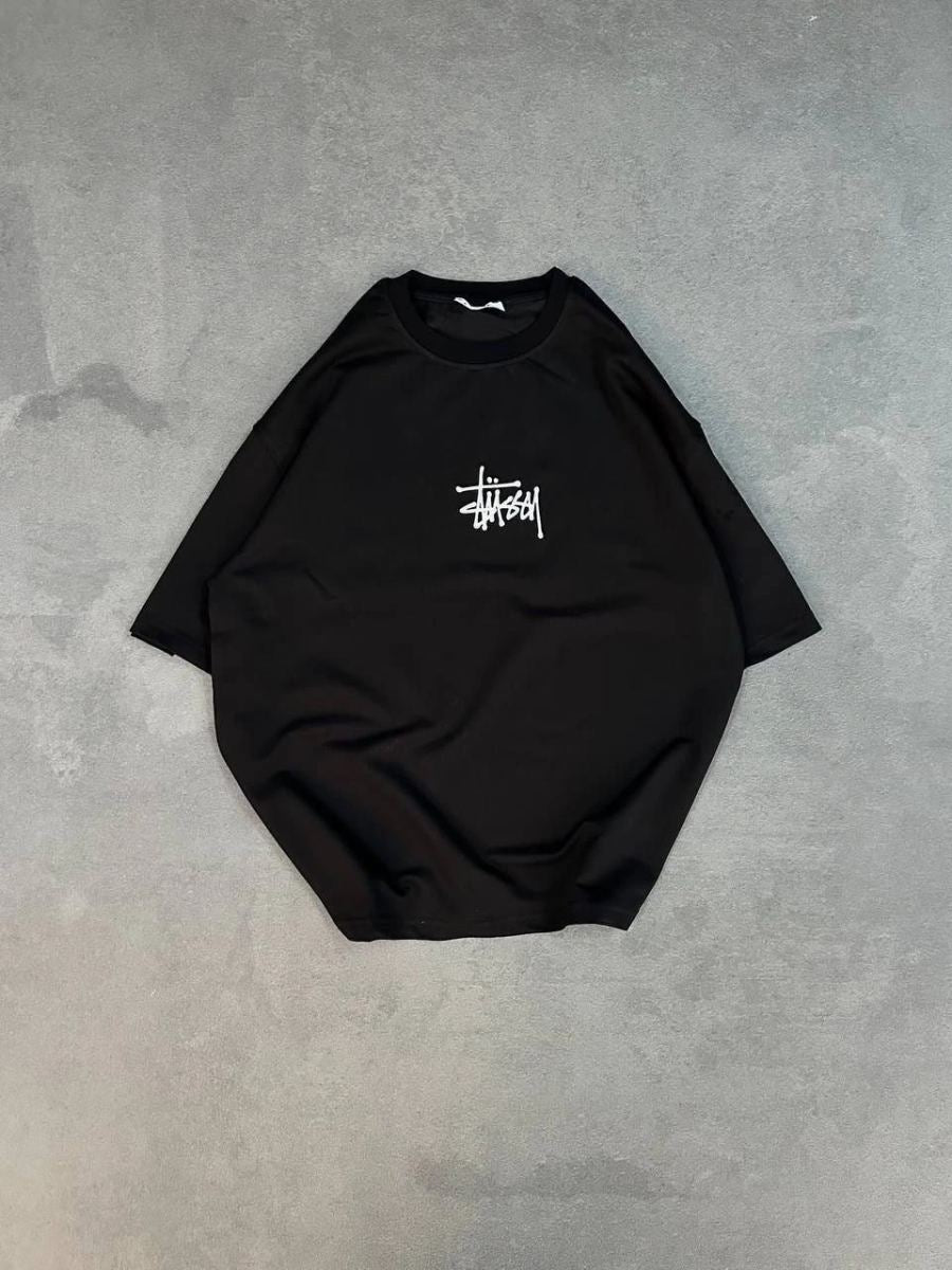 Erkek Kısa Kol Yazlık Tişört Bisiklet Yaka Baskılı Oversize T-Shirt - Siyah