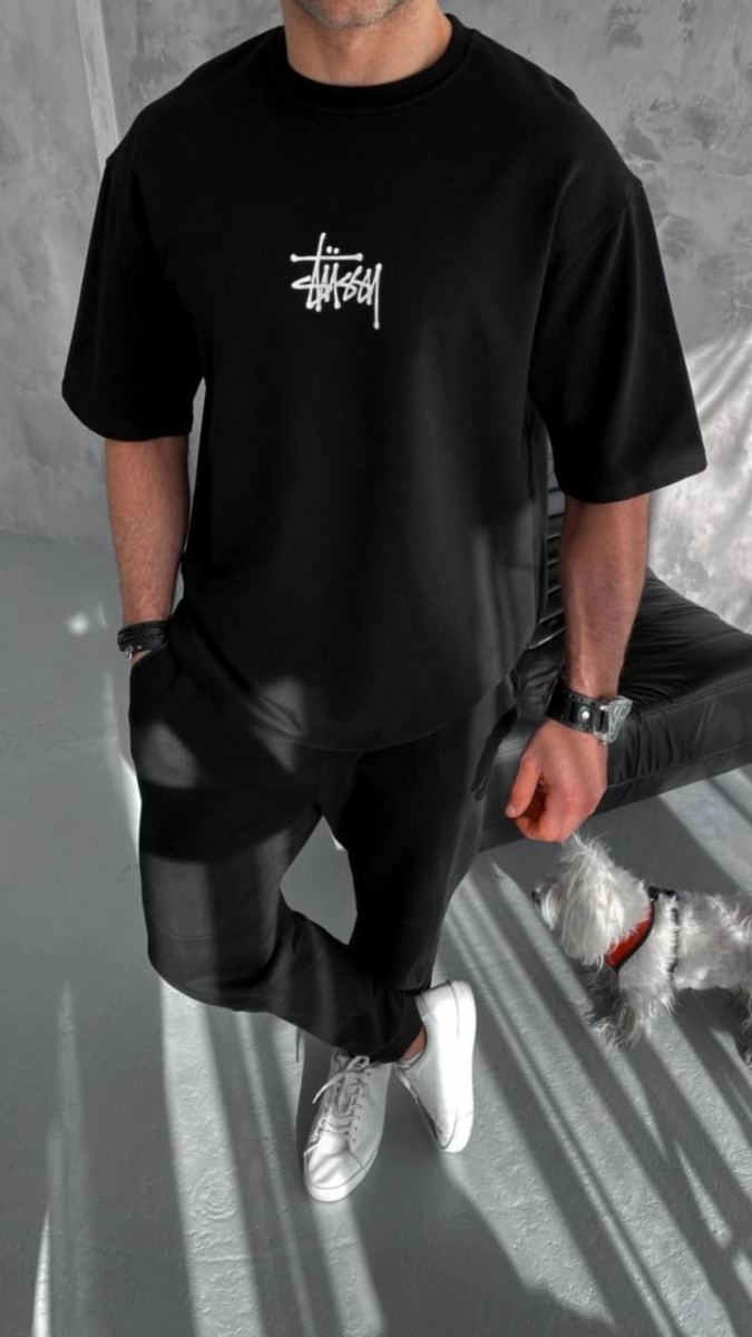 Erkek Kısa Kol Yazlık Tişört Bisiklet Yaka Baskılı Oversize T-Shirt - Siyah