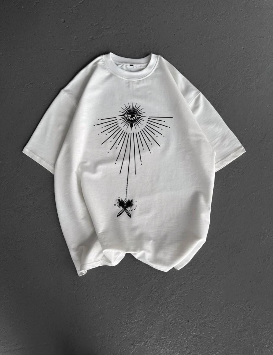 Erkek Kısa Kol Tişört Bisiklet Yaka GÜL Baskılı Oversize T-Shirt - Beyaz