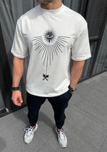 Erkek Kısa Kol Tişört Bisiklet Yaka GÜL Baskılı Oversize T-Shirt - Beyaz