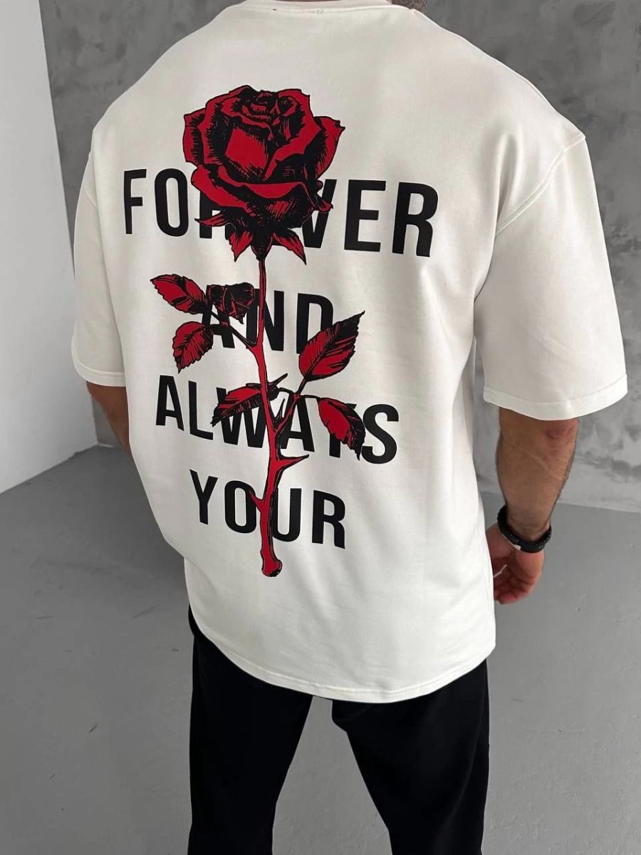 Erkek Kısa Kol Tişört Bisiklet Yaka GÜL Baskılı Oversize T-Shirt - Beyaz