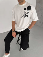 Erkek Kısa Kol Tişört Bisiklet Yaka GÜL Baskılı Oversize T-Shirt - Beyaz