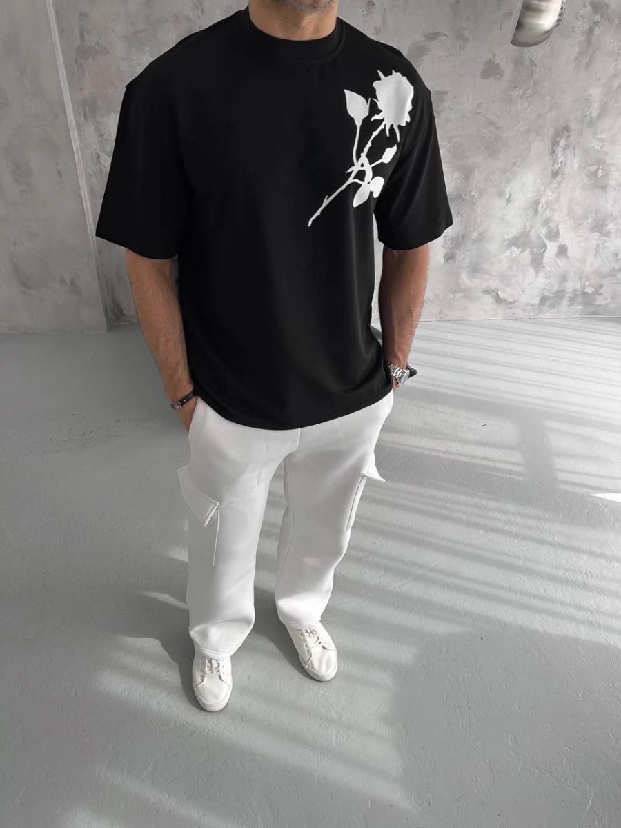 Erkek Kısa Kol Tişört Bisiklet Yaka GÜL Baskılı Oversize T-Shirt - Siyah