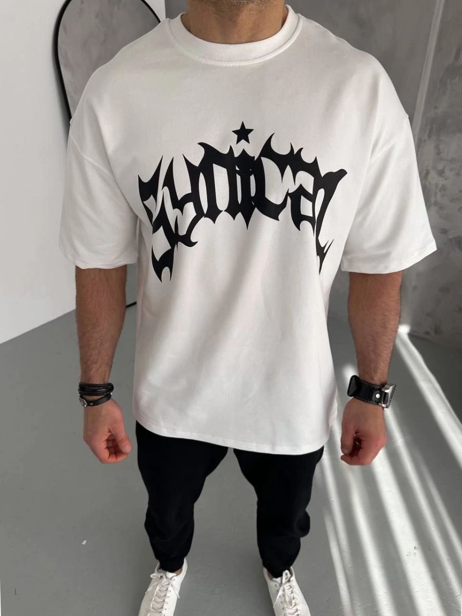 ERKEK Tişört Bisiklet Yaka Baskılı Kısa kol T-Shirt - Beyaz