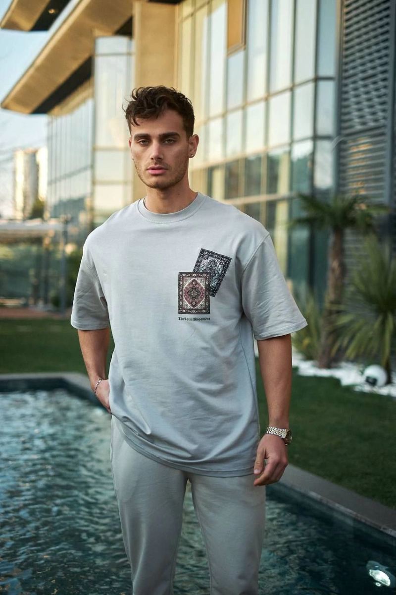 Erkek Kısa Kol Yazlık Tişört Bisiklet Yaka Baskılı Oversize T-Shirt - Boyalı Gri