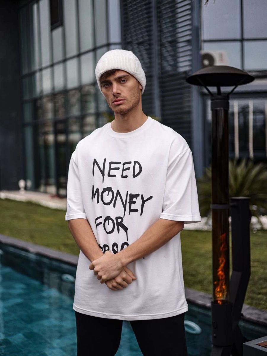 Erkek Kısa Kol Yazlık Tişört Bisiklet Yaka Baskılı Oversize T-Shirt - Beyaz